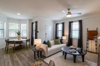 Living room with ceiling fan at Grand Villas at Cinco Ranch, Katy, TX, 77494